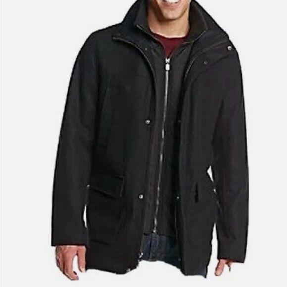 Calvin Klein Men’s Zip/snap Black Pea Coat with Hood size L - Picture 1 of 9